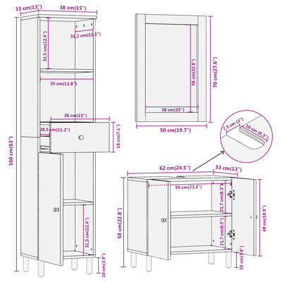 vidaXL Set Mobili da Bagno 3 pz in Legno Massello di Mango