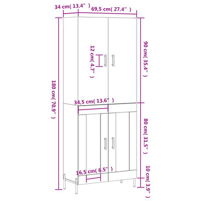 vidaXL Credenza Bianca 69,5x34x180 cm in Legno Multistrato