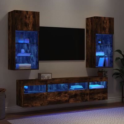 vidaXL Mobili TV a Muro con LED 5pz Rovere Fumo in Legno Multistrato