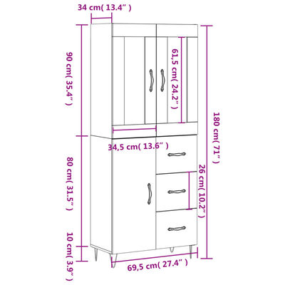 vidaXL Credenza Bianca 69,5x34x180 cm in Legno Multistrato