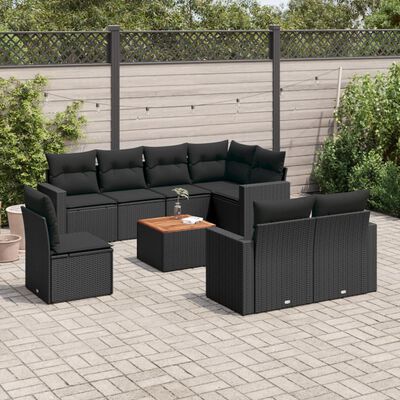 vidaXL Set Divani da Giardino 9 pz con Cuscini Nero in Polyrattan