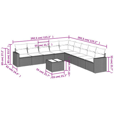 vidaXL Set Divano Giardino 10 pz con Cuscini Grigio Chiaro Polyrattan