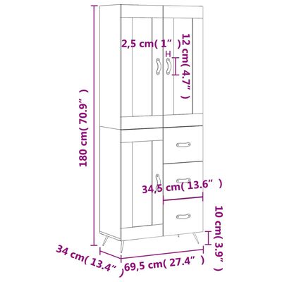 vidaXL Credenza Bianco Lucido 69,5x34x180 cm in Legno Multistrato