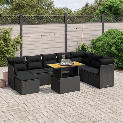 vidaXL Set Divani da Giardino 9 pz con Cuscini Nero in Polyrattan