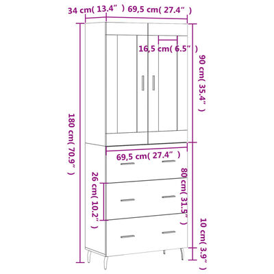 vidaXL Credenza Bianca 69,5x34x180 cm in Legno Multistrato