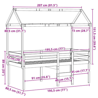 vidaXL Letto a Soppalco con Tetto Cera 75x190cm Legno Massello di Pino