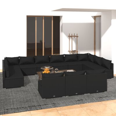 vidaXL Set Divani da Giardino 13 pz con Cuscini in Polyrattan Nero