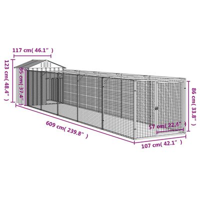 vidaXL Casetta Cani Tetto Grigio Chiaro 117x609x123 cm Acciaio Zincato