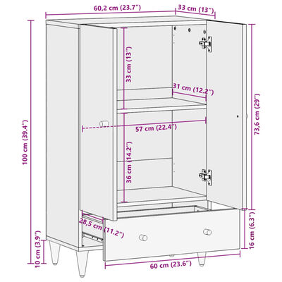 vidaXL Credenza 60x33x110 cm in Legno Massello di Mango