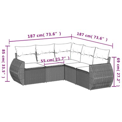 vidaXL Set Divano da Giardino 5 pz con Cuscini Grigio in Polyrattan