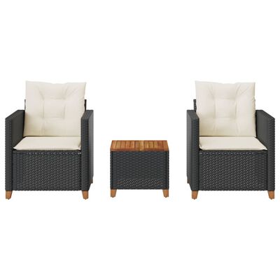 vidaXL Set da Bistrò 3 pz con Cuscini Nero Polyrattan e Legno Acacia