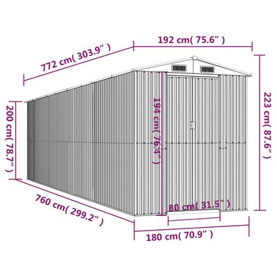 vidaXL Capanno da Giardino Verde 192x772x223 cm Acciaio Zincato