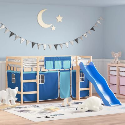 vidaXL Letto a Soppalco con Tende Bambini Blu 90x200 cm Massello Pino