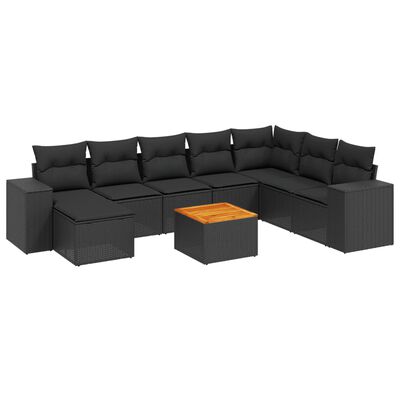 vidaXL Set Divani da Giardino 9 pz con Cuscini Nero in Polyrattan