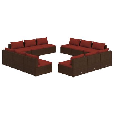 vidaXL Set Divani da Giardino 12 pz con Cuscini in Polyrattan Marrone