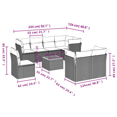 vidaXL Set Divani da Giardino 9 pz con Cuscini Nero in Polyrattan