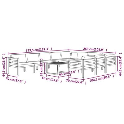 vidaXL Set Divani da Giardino 11 pz con Cuscini in Alluminio Antracite