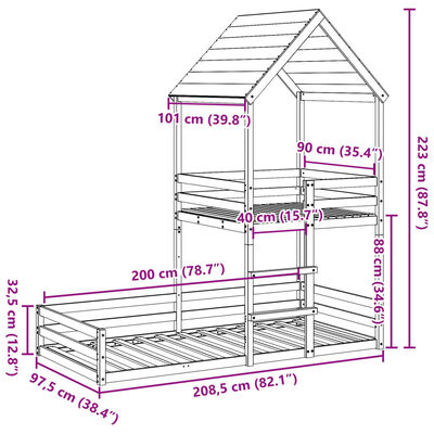 vidaXL Letto a Castello con Tetto Cera 90x200 cm Legno Massello Pino