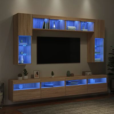 vidaXL Set Mobili TV a Muro 8 pz con Luci LED Rovere Sonoma