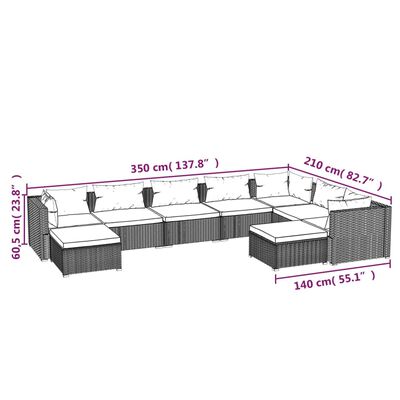 vidaXL Set Divani da Giardino 9 pz con Cuscini in Polyrattan Marrone