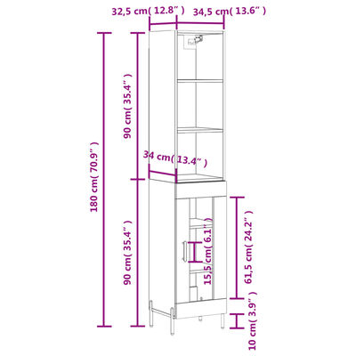 vidaXL Credenza 34,5x34x180 cm in Legno Multistrato Bianco Lucido