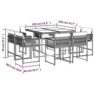 vidaXL Set da Pranzo da Giardino 9 pz con Cuscini in Polyrattan Grigio