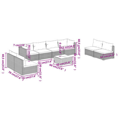 vidaXL Set Divani da Giardino 9 pz con Cuscini in Polyrattan Marrone