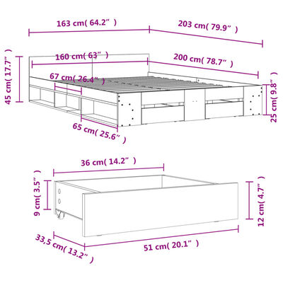 vidaXL Giroletto Cassetti Rovere Sonoma 160x200 cm Legno Multistrato