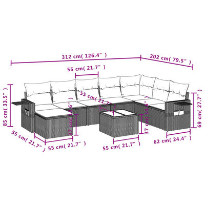 vidaXL Set Divani da Giardino 9 pz con Cuscini Nero in Polyrattan