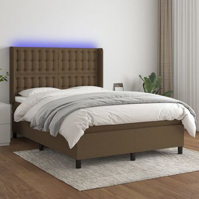 vidaXL Letto a Molle Materasso e LED MarroneScuro 140x190cm in Tessuto