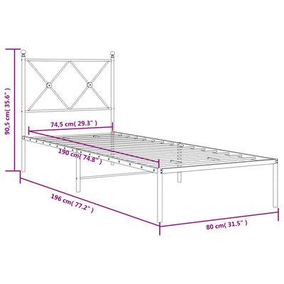 vidaXL Giroletto senza Materaso con Testiera Metallo Bianco 75x190 cm