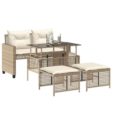 vidaXL Set Divano da Giardino 4 pz con Cuscini Beige Polyrattan Vetro