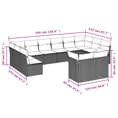 vidaXL Set Divani da Giardino 12 pz con Cuscini Marrone in Polyrattan