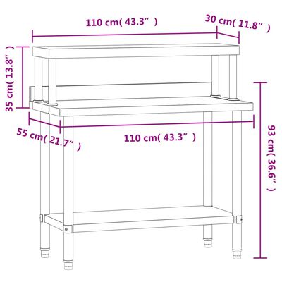 vidaXL Tavolo Lavoro Cucina con Ripiano 110x55x120 cm Acciaio Inox