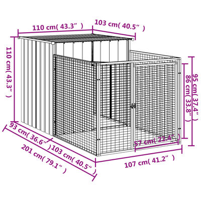 vidaXL Casetta Cani con Corsa Antracite 110x201x110 cm Acciaio Zincato