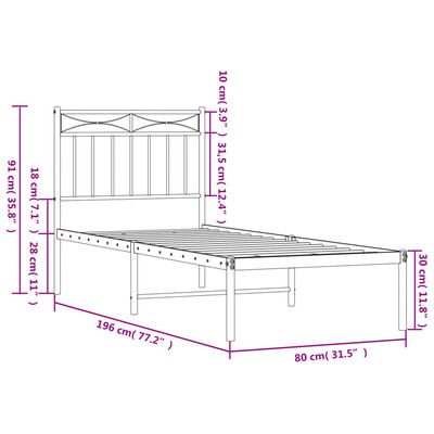 vidaXL Giroletto senza Materaso con Testiera Metallo Bianco 75x190 cm