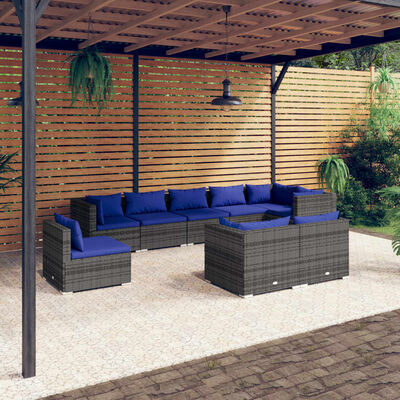 vidaXL Set Divani da Giardino 9 pz con Cuscini in Polyrattan Grigio