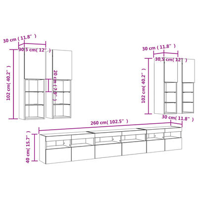 vidaXL Set Mobili TV a Muro 7 pz con Luci LED Rovere Fumo