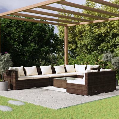 vidaXL Set Divani da Giardino 9 pz con Cuscini in Polyrattan Marrone