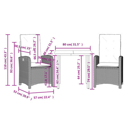 vidaXL Set da Pranzo da Giardino 3 pz con Cuscini Nero in Polyrattan