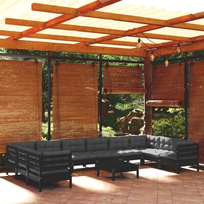 vidaXL Set Divani da Giardino 11 pz con Cuscini Neri in Legno di Pino