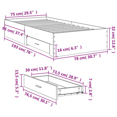 vidaXL Giroletto con Cassetti Bianco 75x190 cm in Legno Multistrato