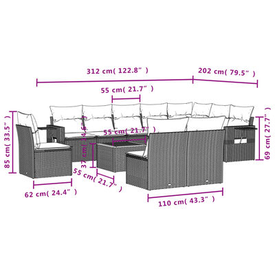 vidaXL Set Divani da Giardino 11 pz con Cuscini in Polyrattan Grigio