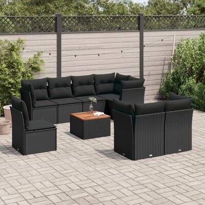 vidaXL Set Divani da Giardino 9 pz con Cuscini Nero in Polyrattan