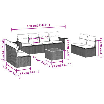 vidaXL Set Divani da Giardino 9 pz con Cuscini Nero in Polyrattan