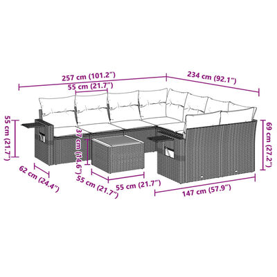 vidaXL Set Divano da Giardino 9 pz con Cuscini Grigio in Polyrattan