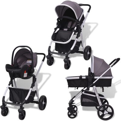 vidaXL Passeggino 3 in 1 in Alluminio Grigio e Nero