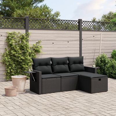 vidaXL Set Divani da Giardino 4 pz con Cuscini Nero in Polyrattan