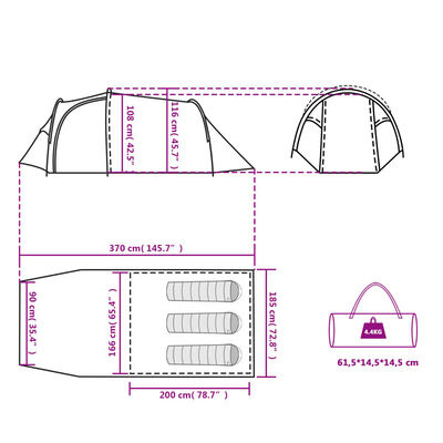 vidaXL Tenda da Campeggio a Tunnel 3 Persone Arancione Impermeabile