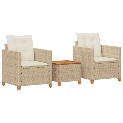 vidaXL Set da Bistrò 3 pz con Cuscini Beige Polyrattan e Legno Acacia